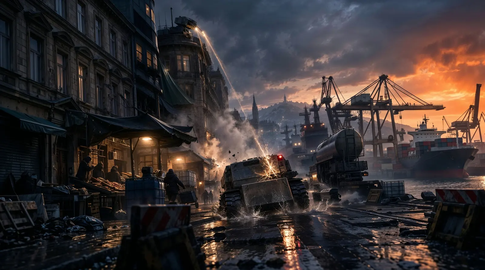 Hardpan key art: a turret fires on an armored crawler in a harbor street at sunset.